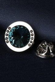 Round Teal Crystal Halo Silver Lapel Pin For Men