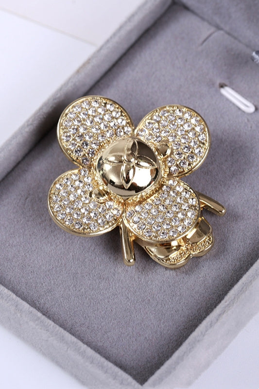 Gold Full Pave Crystal Four Leaf Clover Lapel Pin For Men