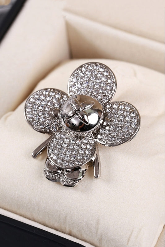 Silver Full Pave Crystal Four Leaf Clover Lapel Pin For Men