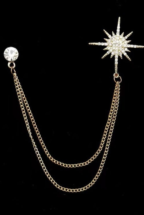 Gold Sun Star Double Chain Tassel Lapel Pin For Men