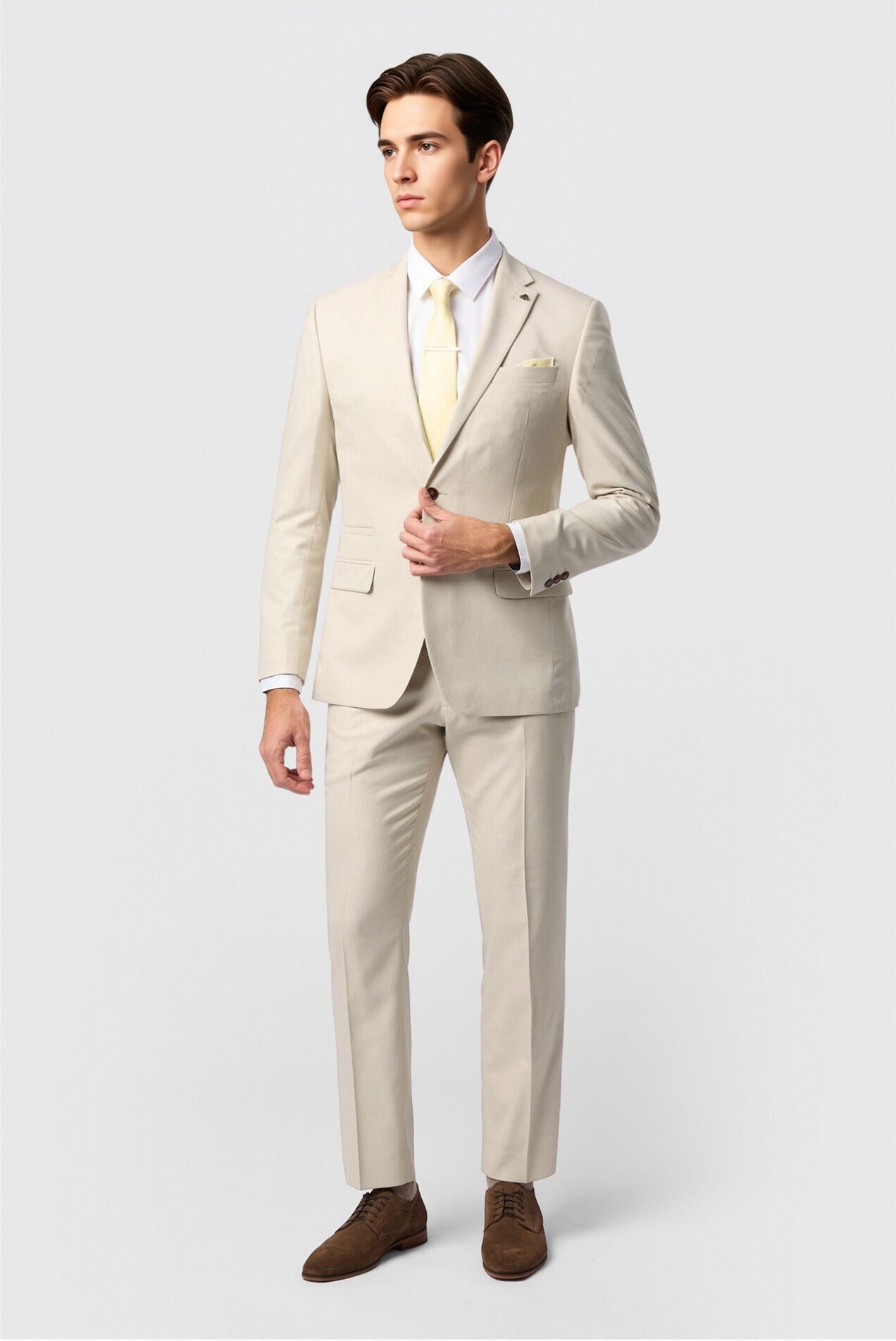 Ecru Slim Fit 3 Pieces Notched Lapel Men Suit