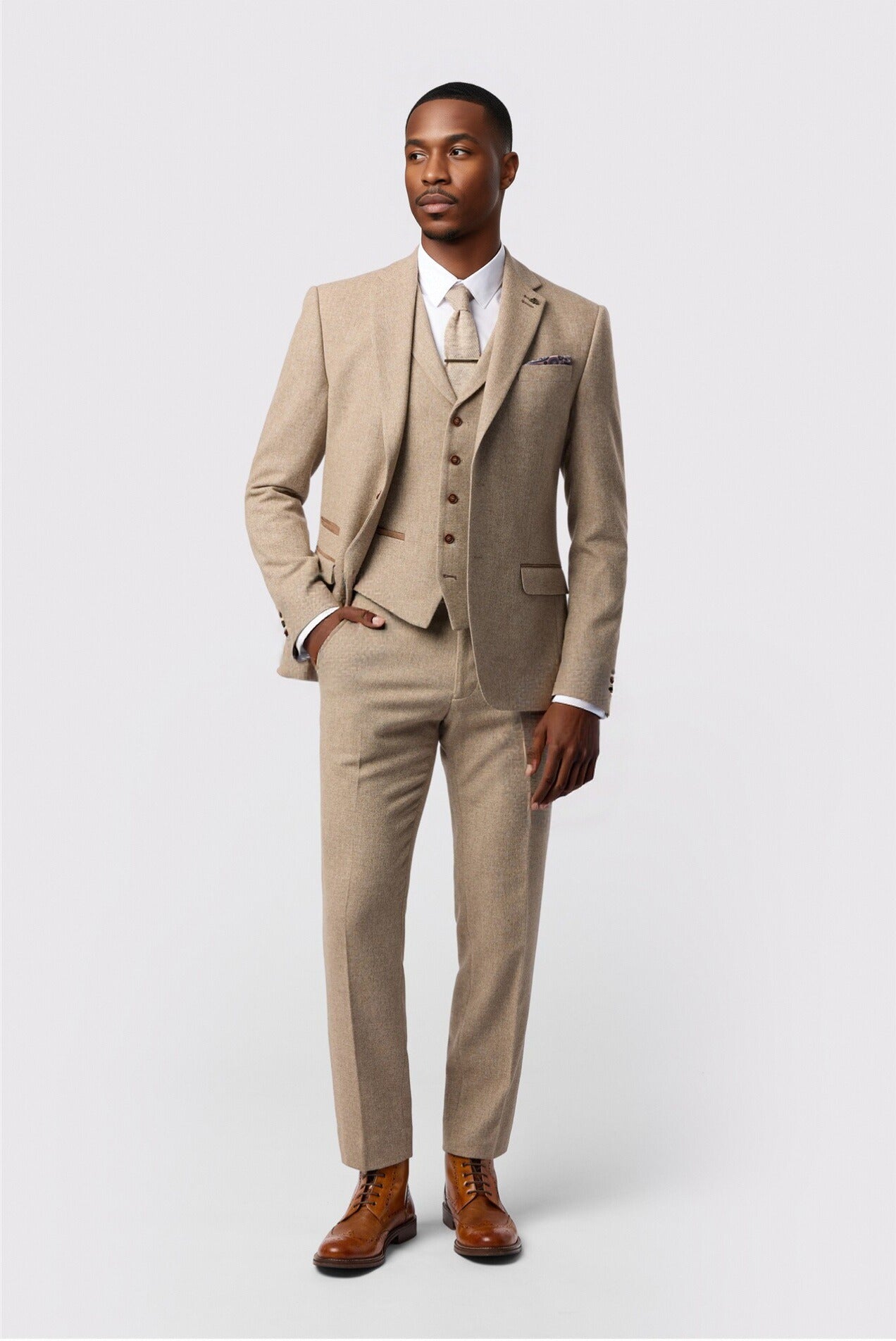 Light Brown Herringbone 3 Pieces Notched Lapel Men Suit Secondary image