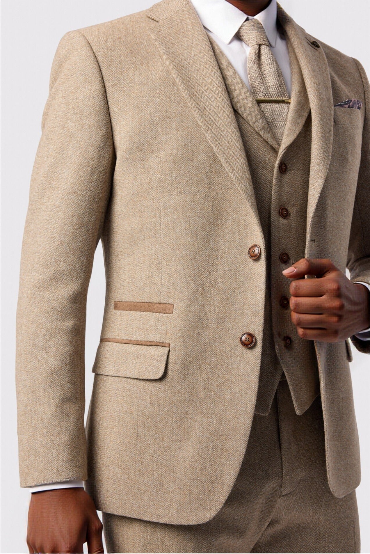 Light Brown Herringbone 3 Pieces Notched Lapel Men Suit