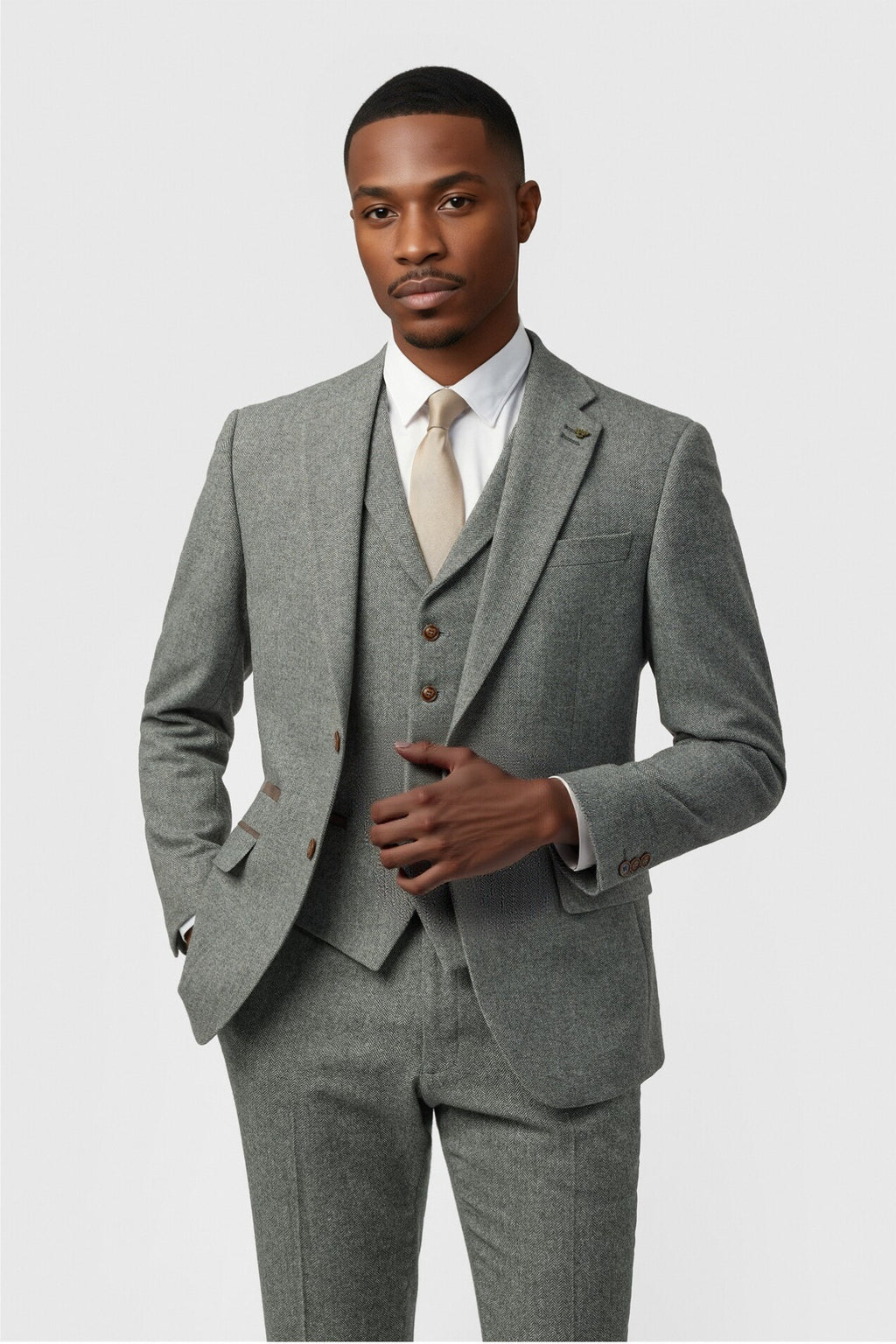3 Pieces Gray Herringbone Notched Lapel Suit For Men