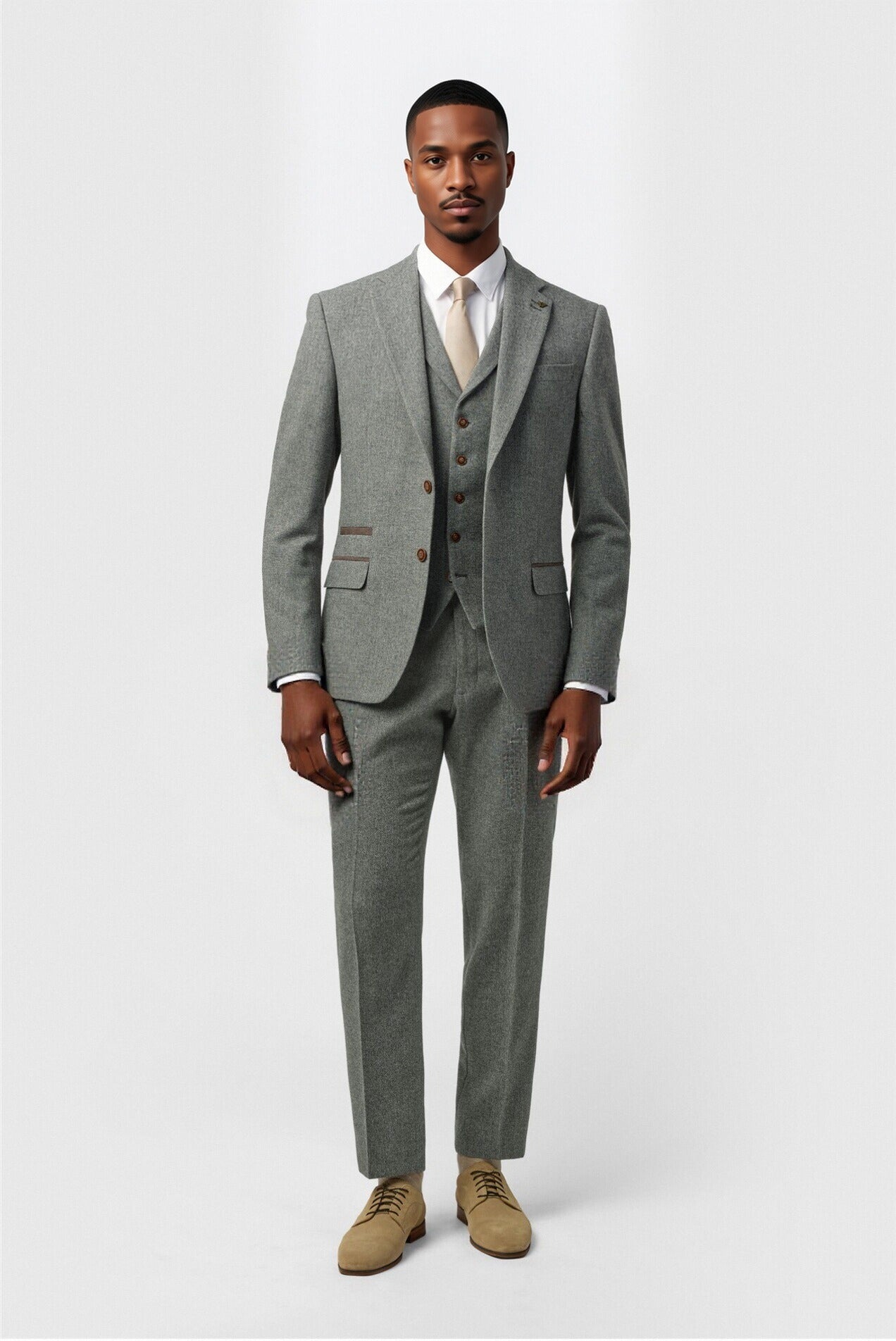 3 Pieces Gray Herringbone Notched Lapel Suit For Men Secondary image