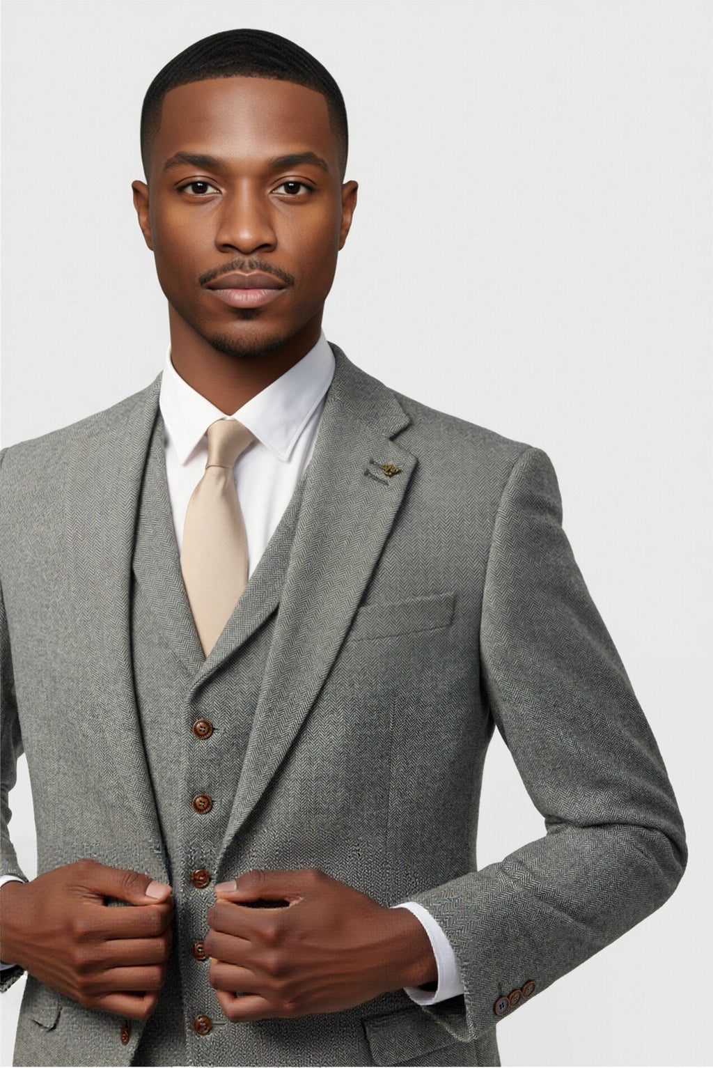 3 Pieces Gray Herringbone Notched Lapel Suit For Men