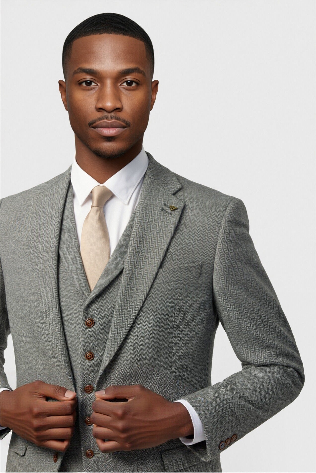 3 Pieces Gray Herringbone Notched Lapel Suit For Men