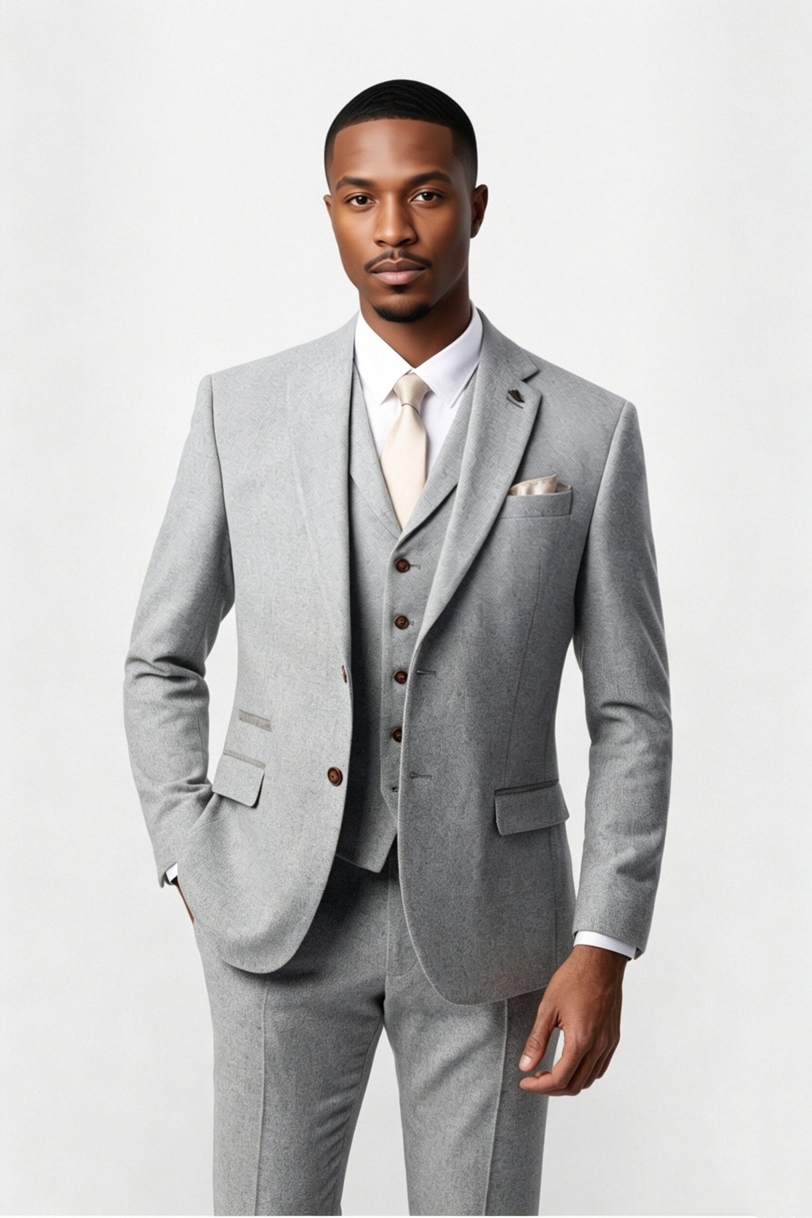 Stylish Light Gray Herringbone Notched Lapel 3 Pieces Men Suits