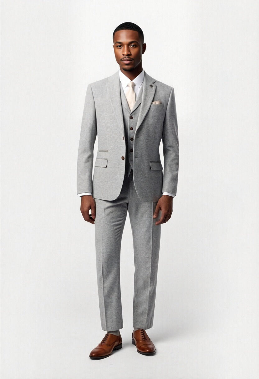 Stylish Light Gray Herringbone Notched Lapel 3 Pieces Men Suits