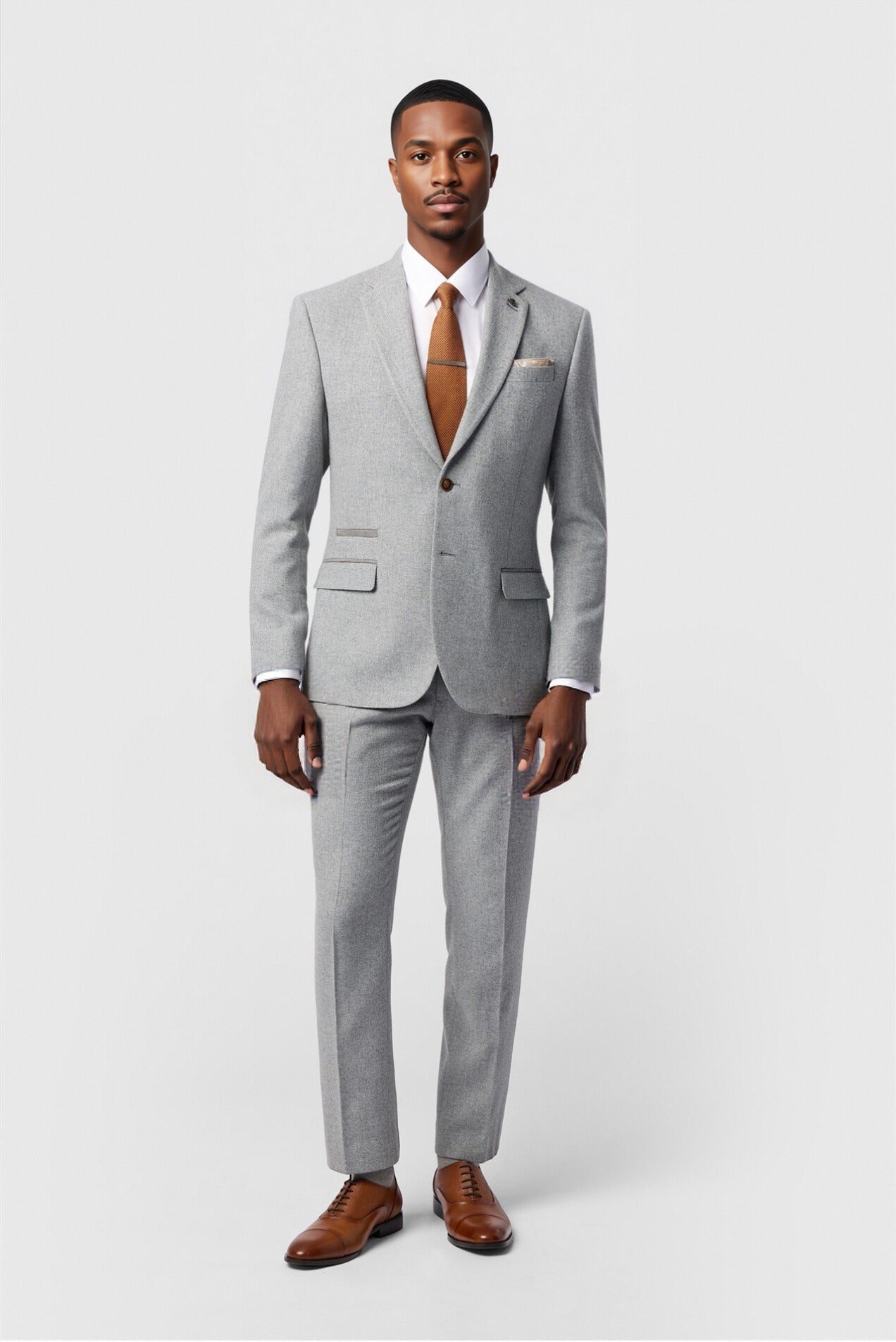 Stylish Light Gray Herringbone Notched Lapel 3 Pieces Men Suits
