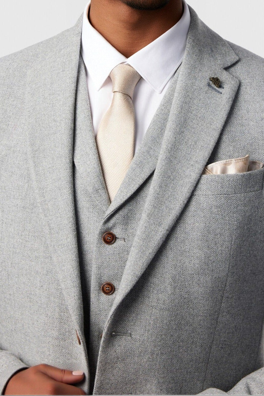 Stylish Light Gray Herringbone Notched Lapel 3 Pieces Men Suits