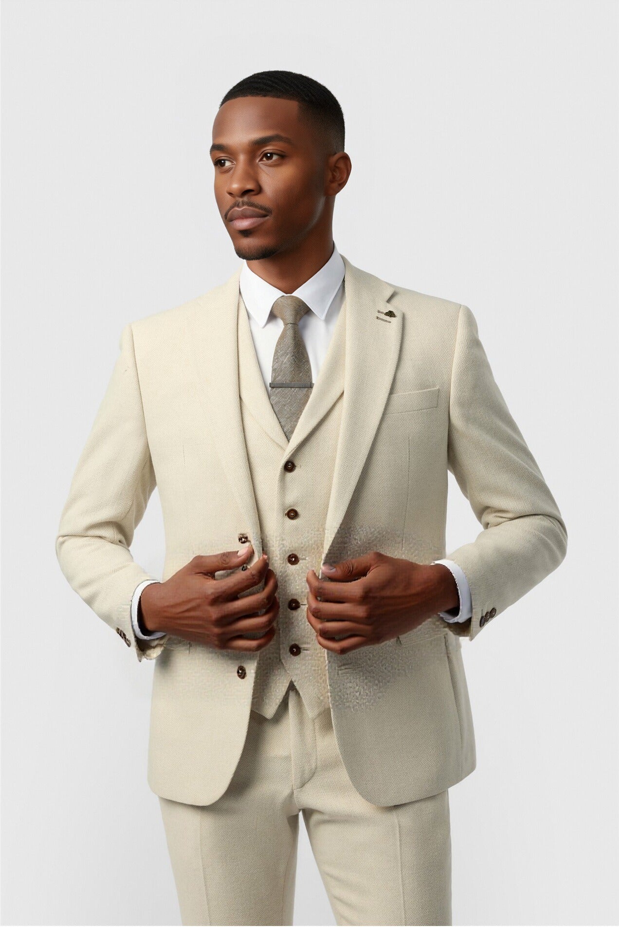 Modern Ecru Herringbone Notched Lapel 3 Pieces Men Suits Main image