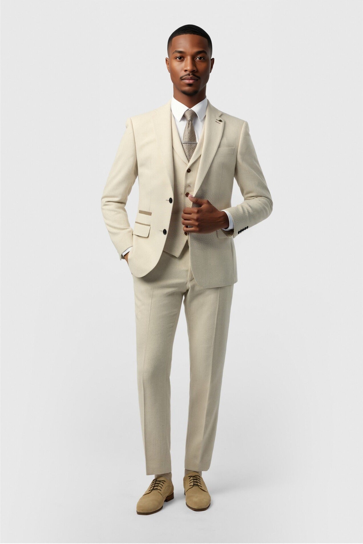Modern Ecru Herringbone Notched Lapel 3 Pieces Men Suits
