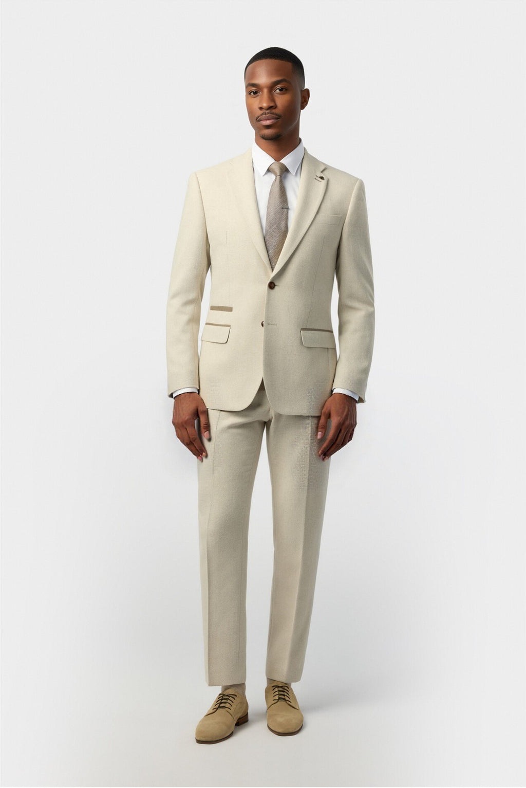 Modern Ecru Herringbone Notched Lapel 3 Pieces Men Suits