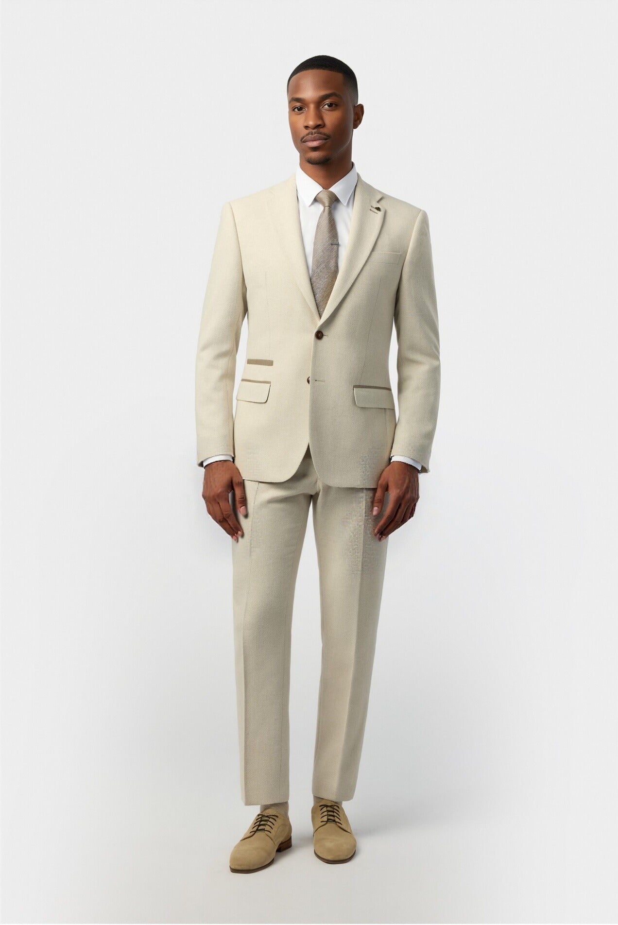 Modern Ecru Herringbone Notched Lapel 3 Pieces Men Suits