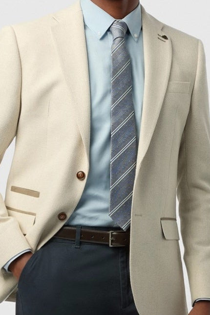 Modern Ecru Herringbone Notched Lapel 3 Pieces Men Suits