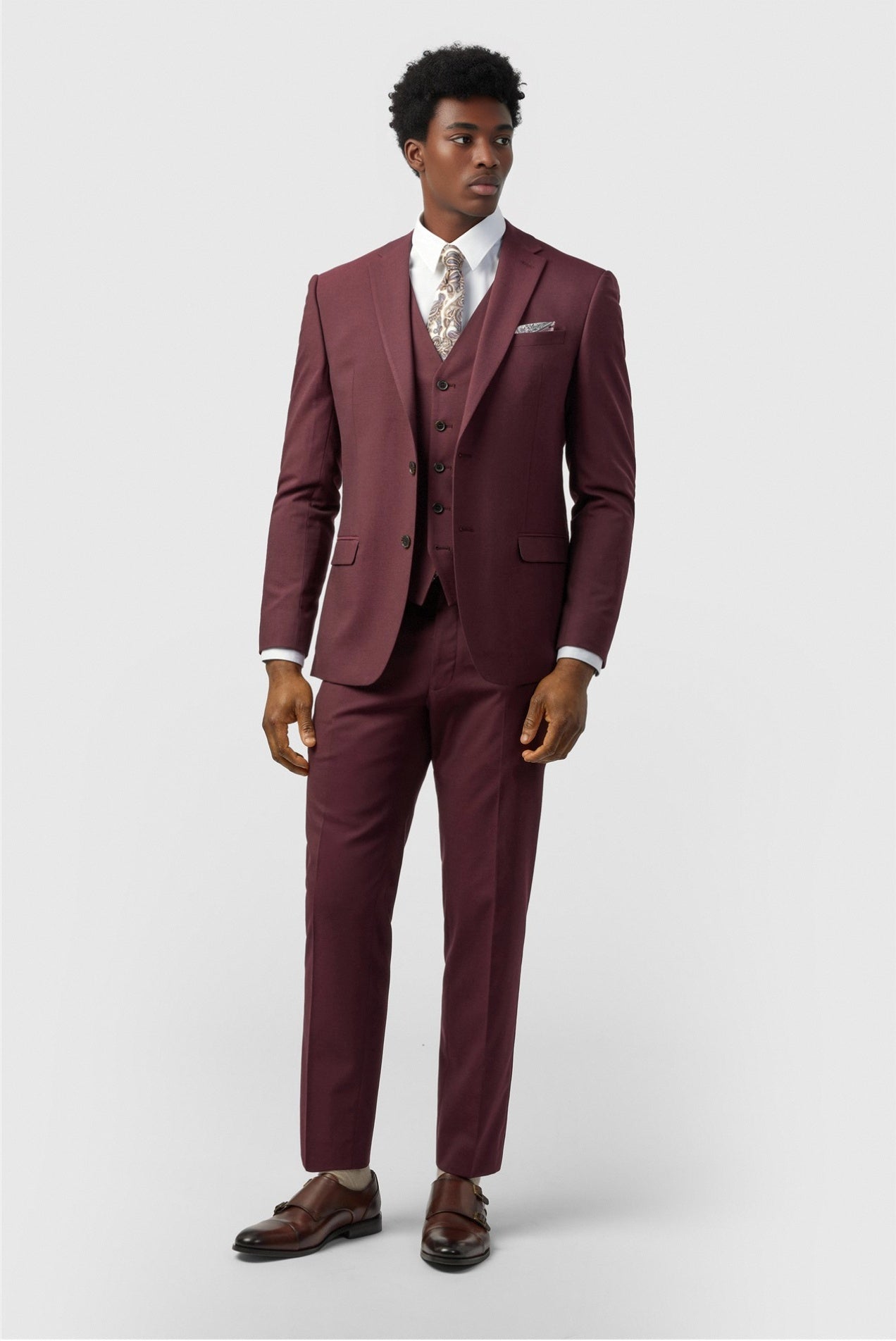 Charming Burgundy 3 Pieces Notched Lapel Suits For Men Secondary image