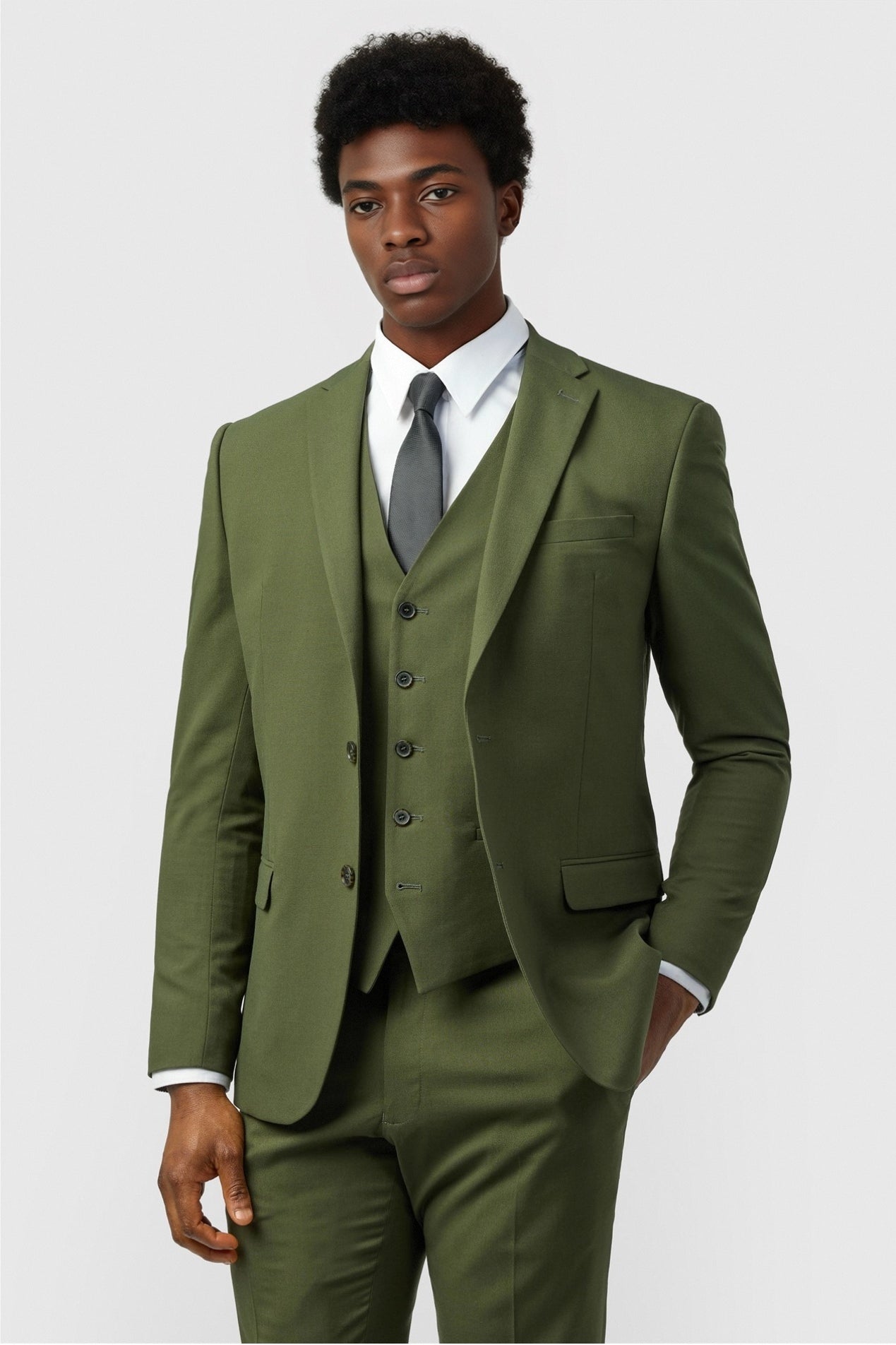 Best Fitted Olive Green 3 Pieces Notched Lapel Men's Suits Main image