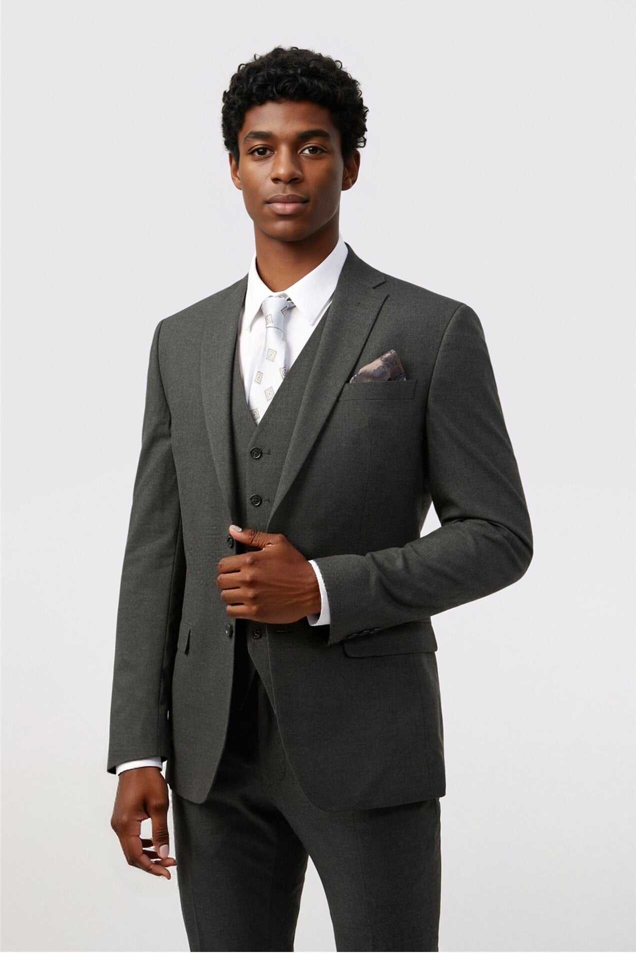 Charcoal Notched Lapel Suits For Men With Waistcoat Main image