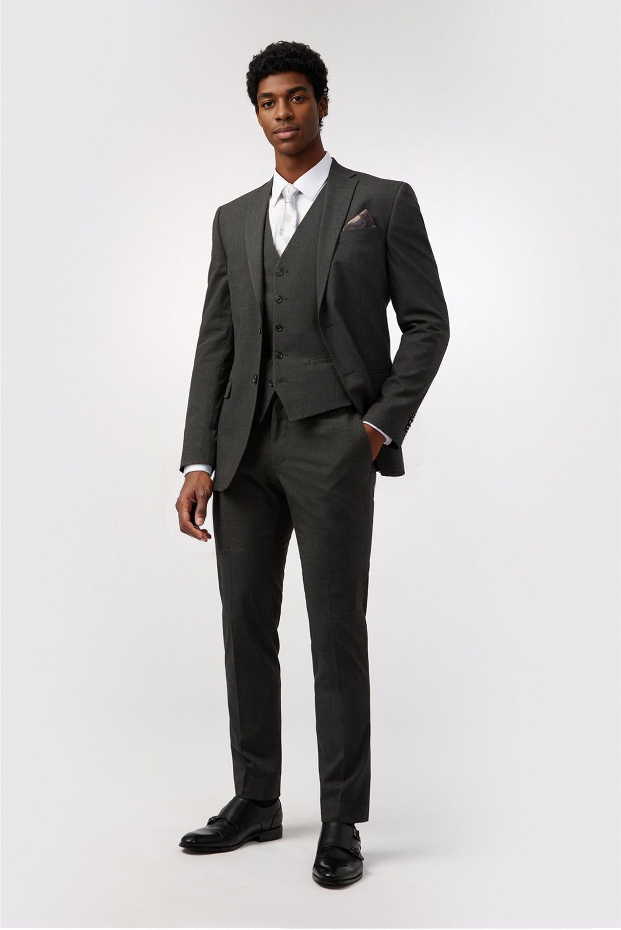 Charcoal Notched Lapel Suits For Men With Waistcoat Secondary image