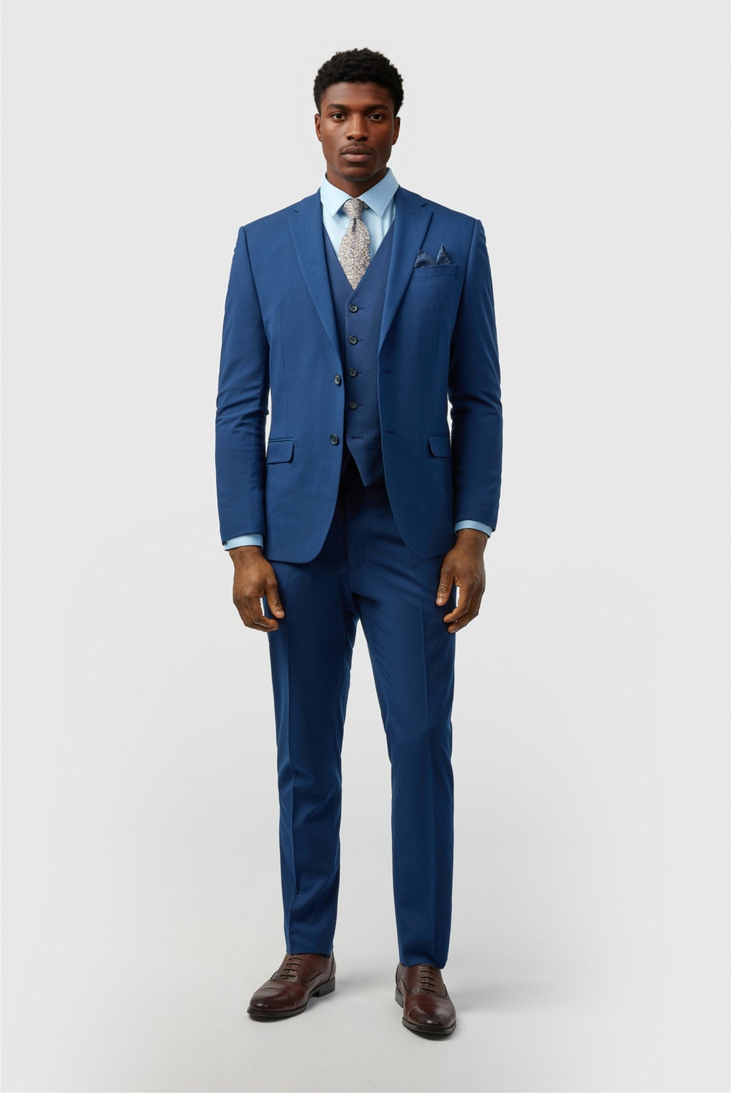 Fancy Dark Blue Notched Lapel 3 Pieces Men Suits