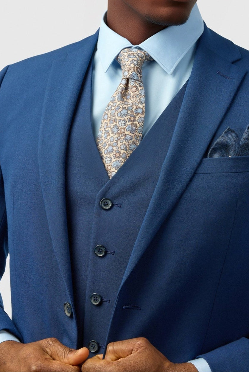 Fancy Dark Blue Notched Lapel 3 Pieces Men Suits