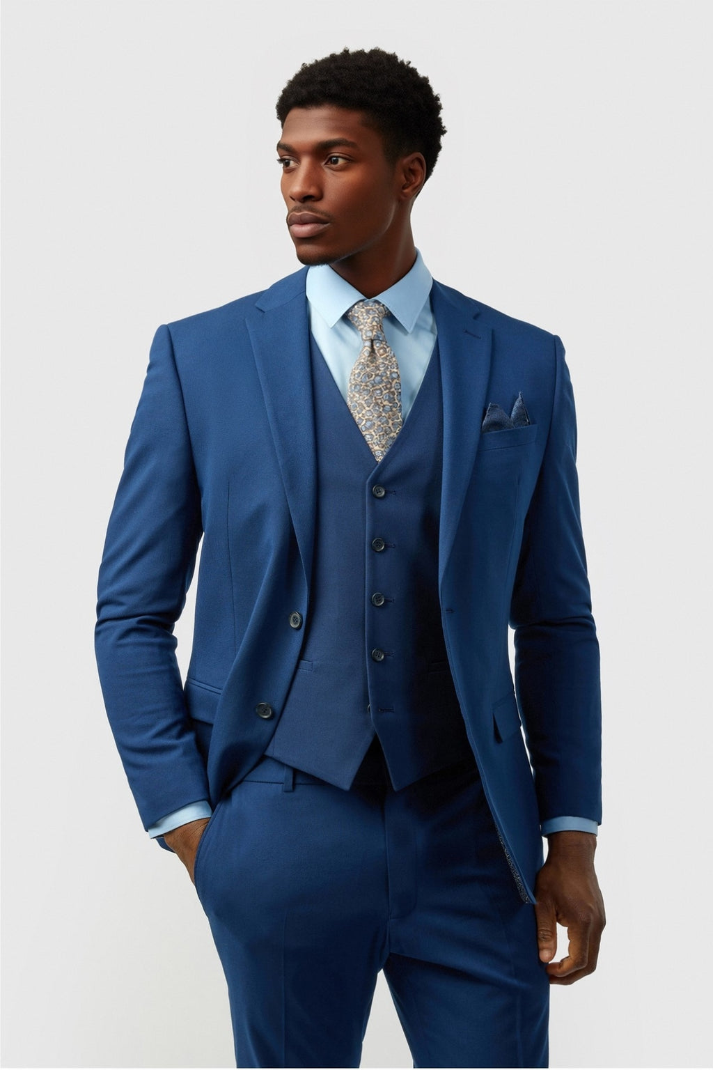 Fancy Dark Blue Notched Lapel 3 Pieces Men Suits