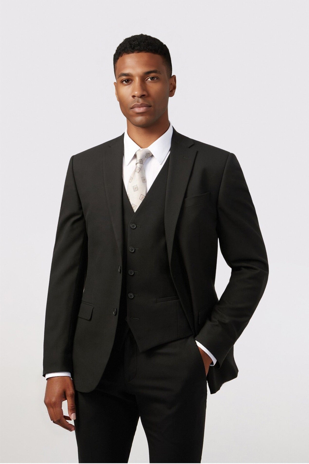 Close Fitting Black 3 Pieces Notched Lapel Men's Suit Main image
