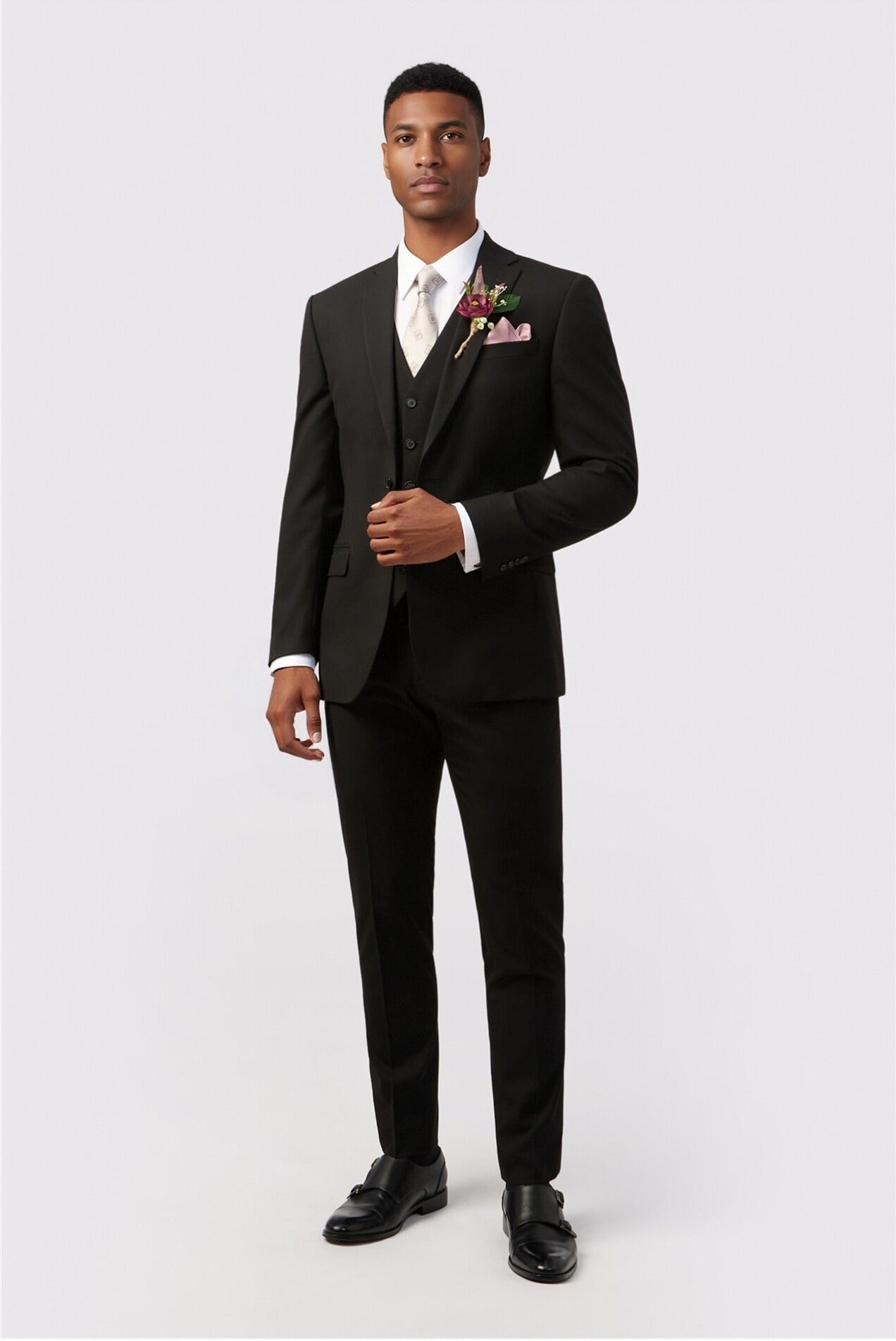 Close Fitting Black 3 Pieces Notched Lapel Men's Suit Secondary image