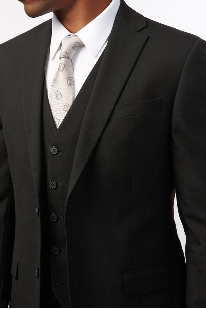 Close Fitting Black 3 Pieces Notched Lapel Men's Suit