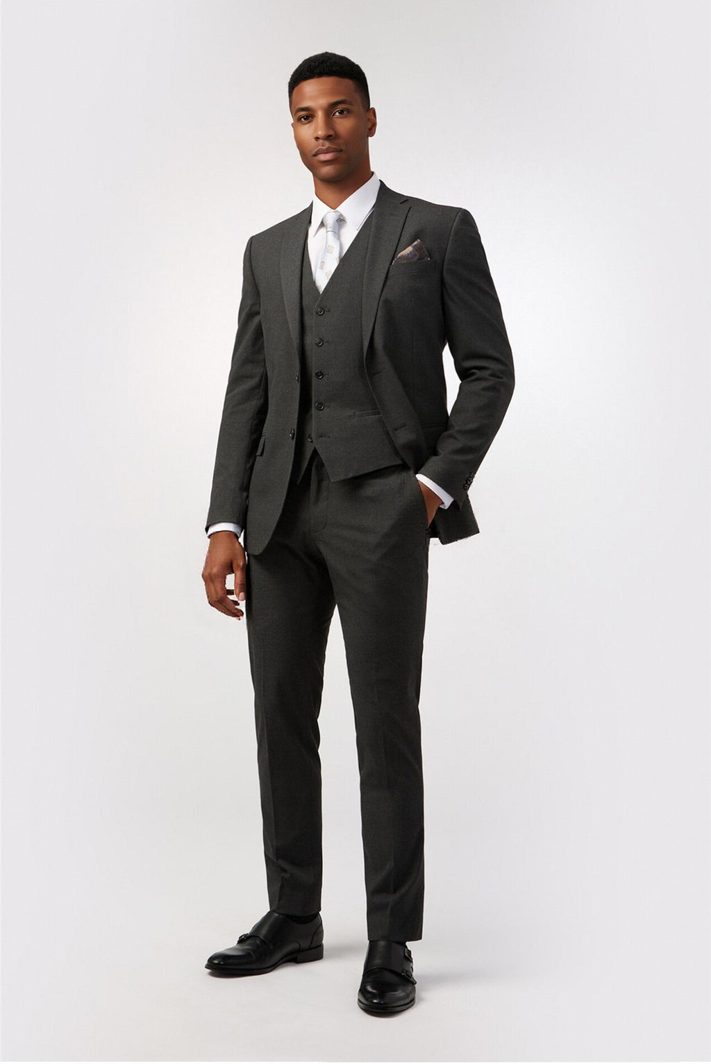 Modern Charcoal 3 Pieces Notched Lapel Suit For Men