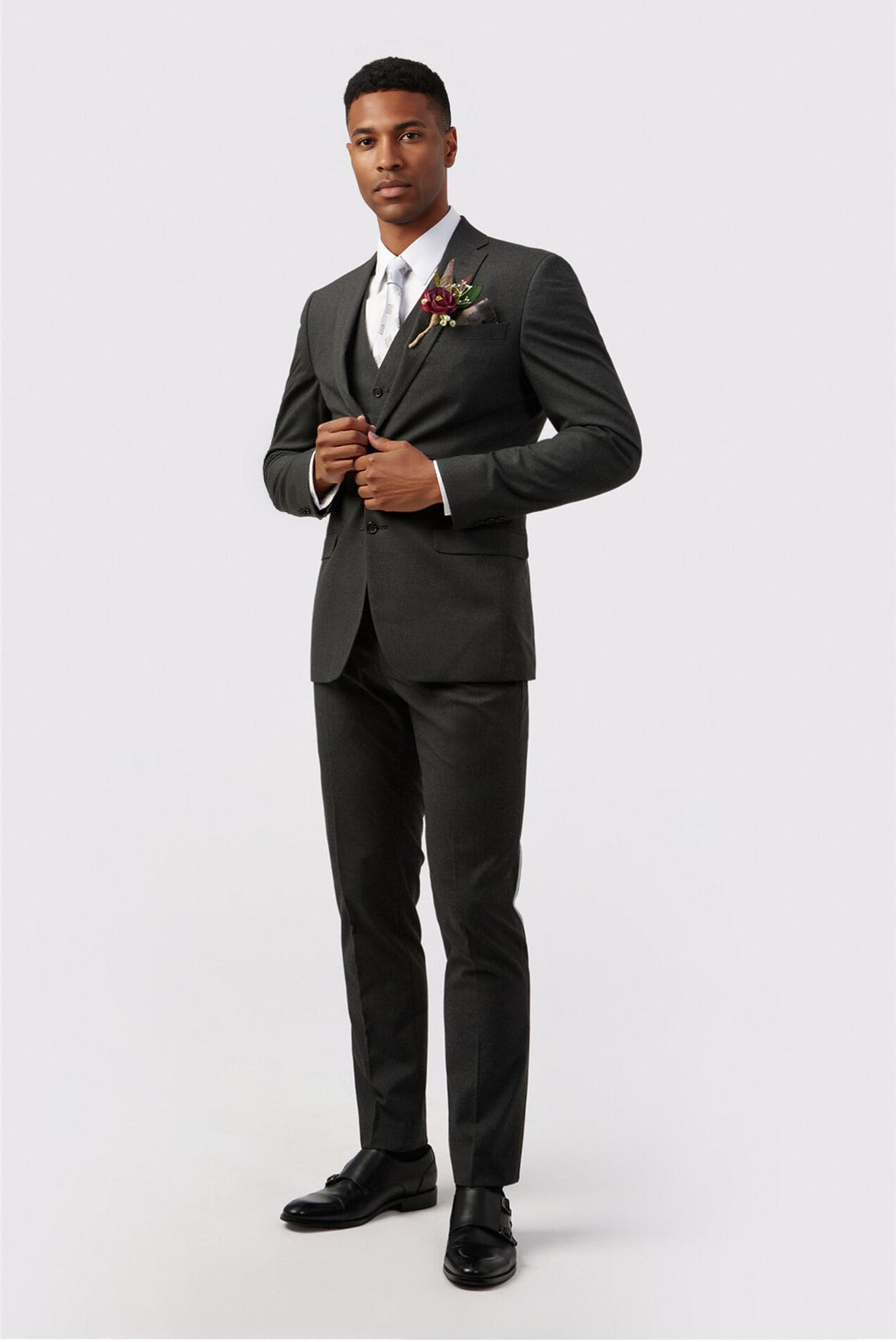 Modern Charcoal 3 Pieces Notched Lapel Suit For Men