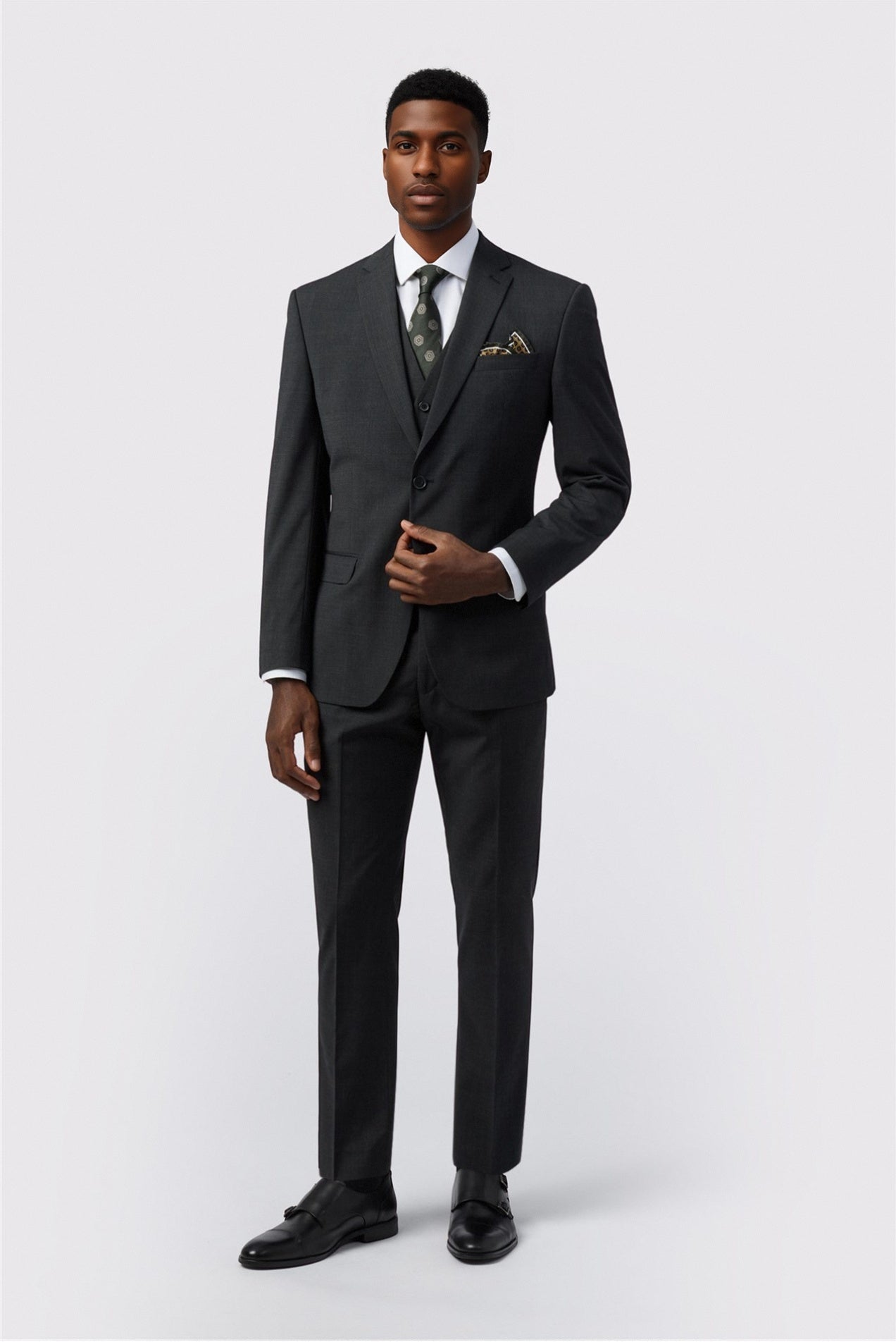 Bespoke Charcoal Notched Lapel 3 Pieces Men Suits