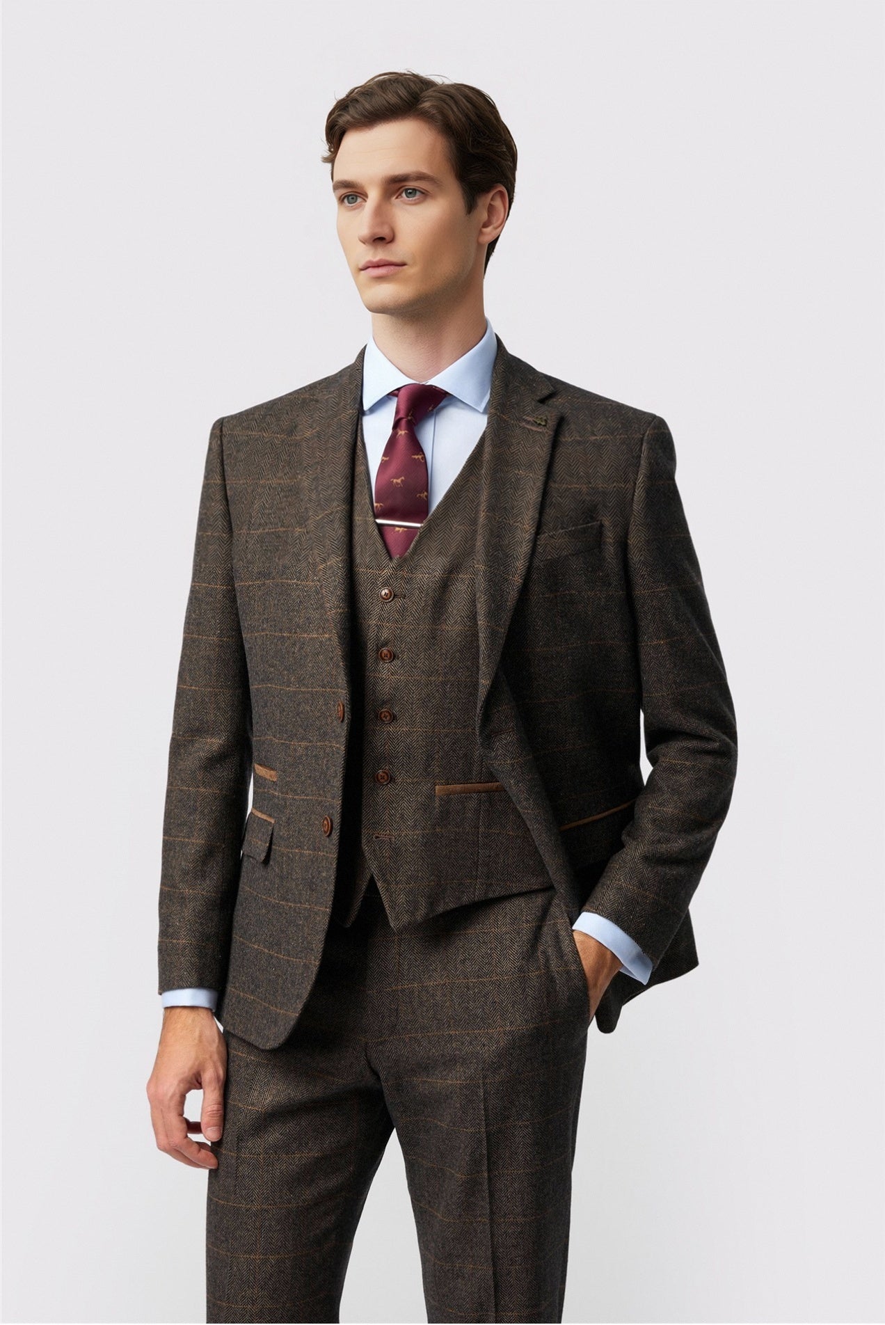 Glamorous Brown 3 Pieces Notched Lapel Checked Men Suits