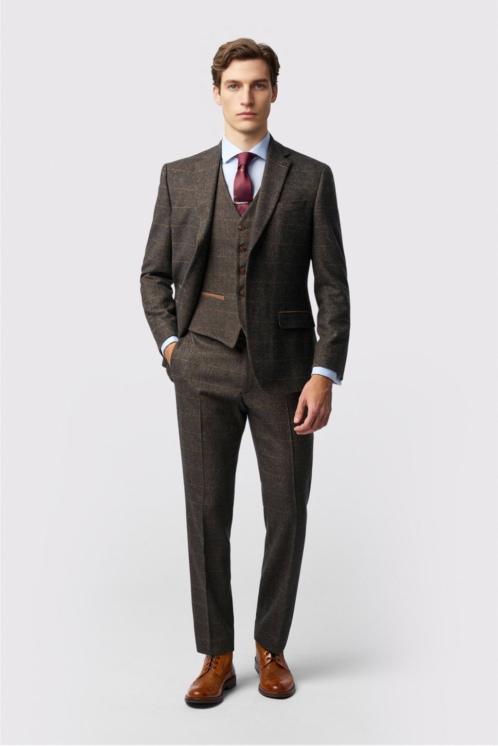 Glamorous Brown 3 Pieces Notched Lapel Checked Men Suits
