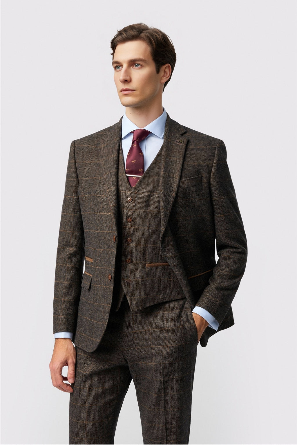 Glamorous Brown 3 Pieces Notched Lapel Checked Men Suits