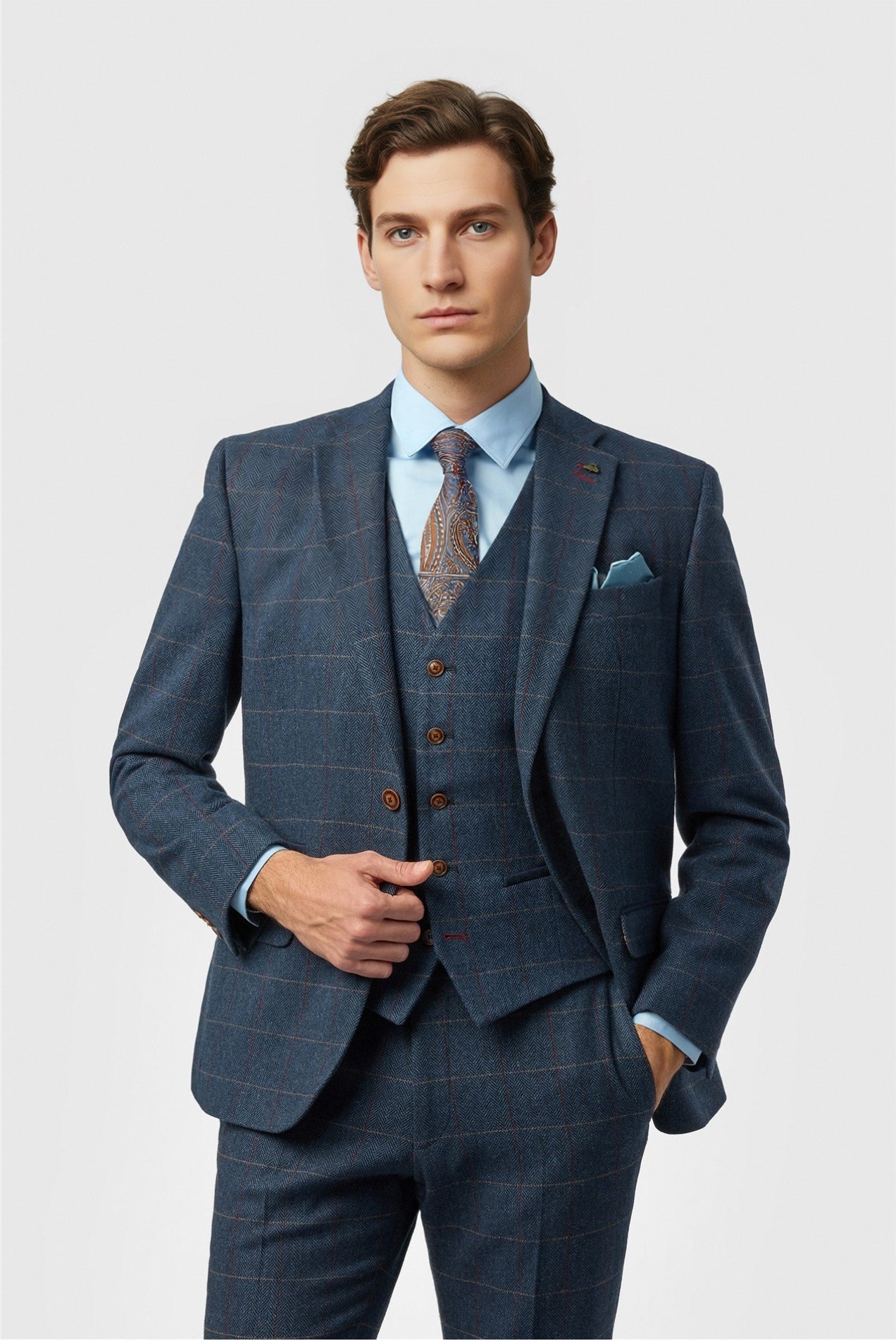 Chic Dark Blue 3 Pieces Notched Lapel Checked Men Suits Main image
