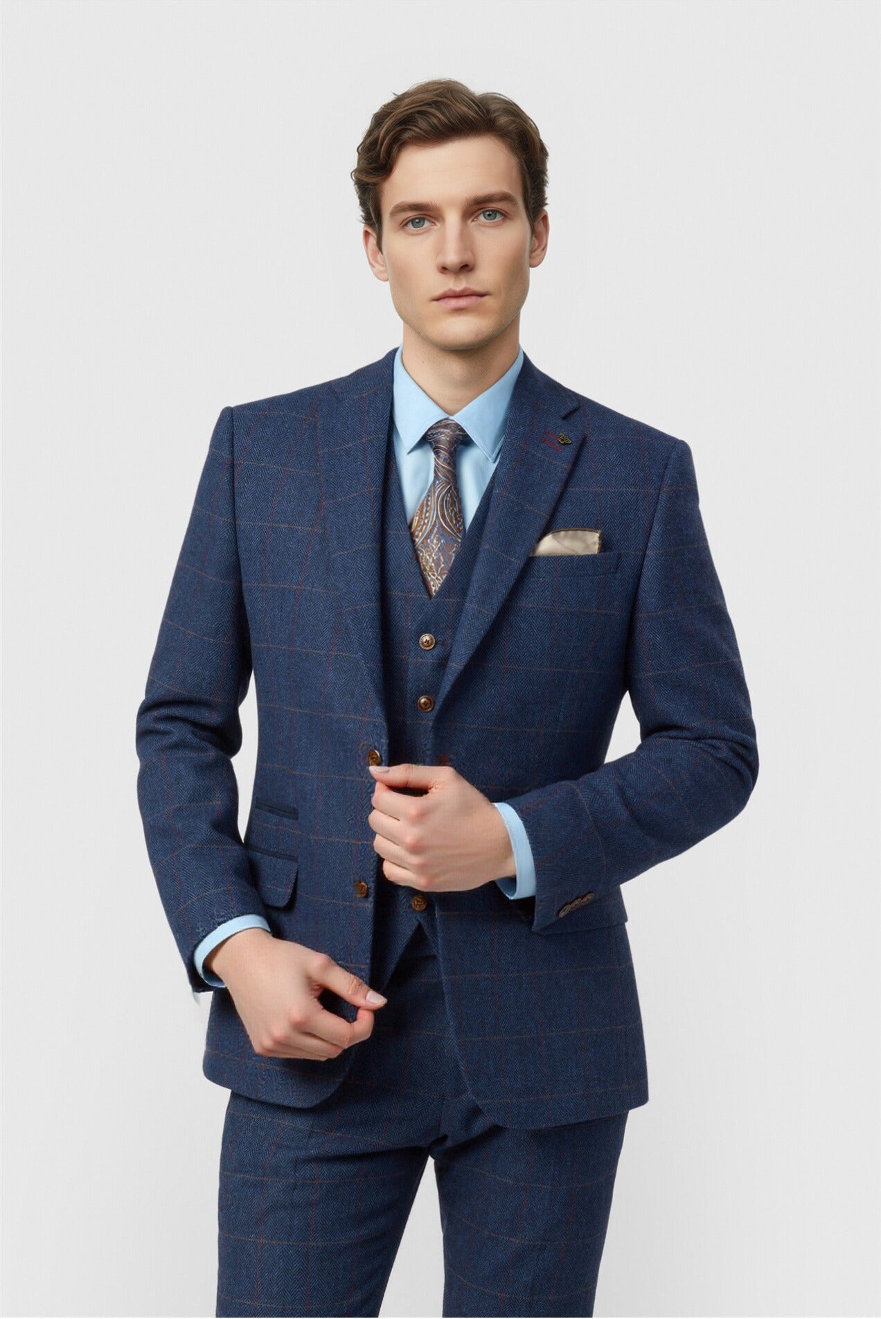 Modern Dark Blue Notched Lapel Checked Men Suits With Waistcoat