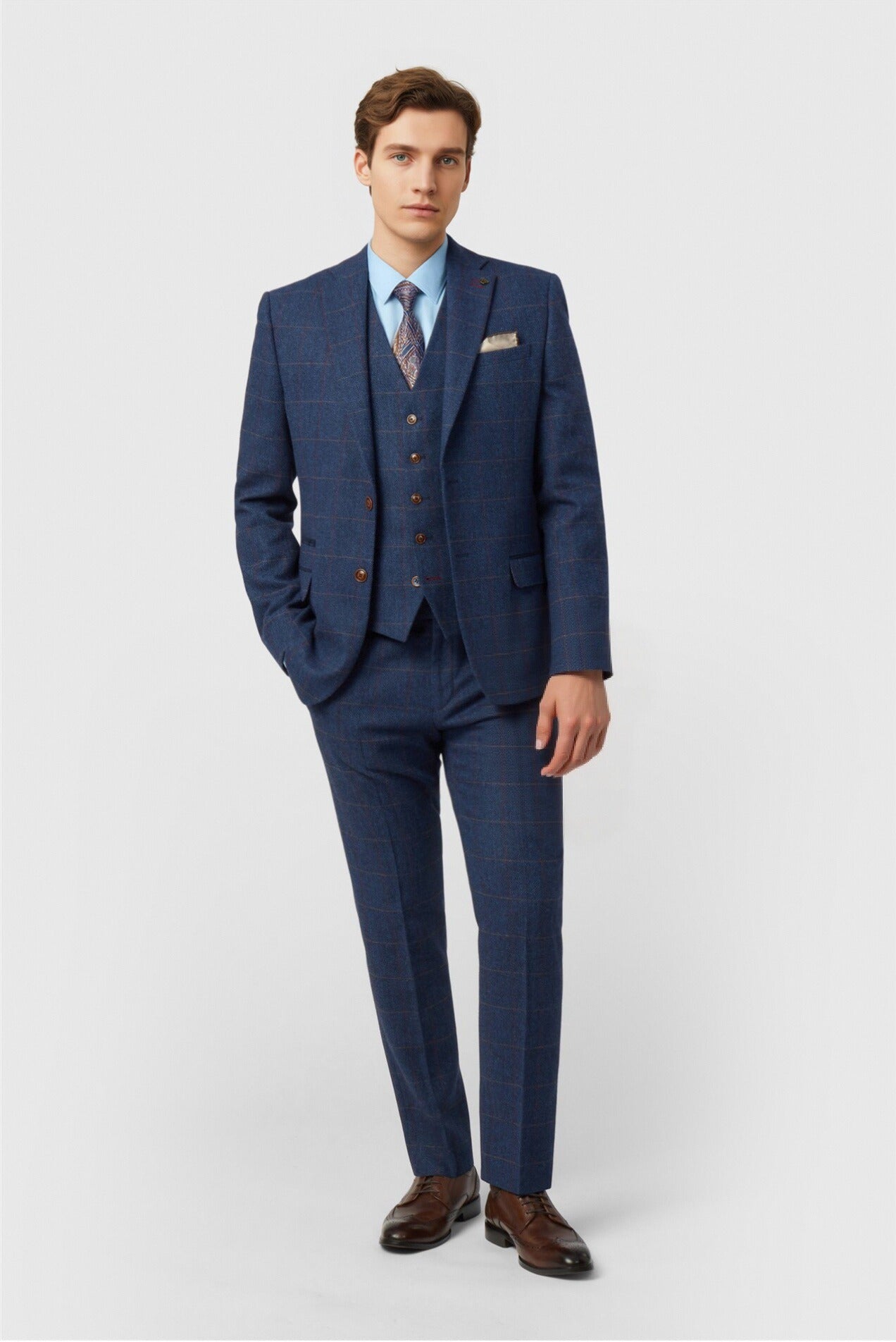 Modern Dark Blue Notched Lapel Checked Men Suits With Waistcoat Secondary image