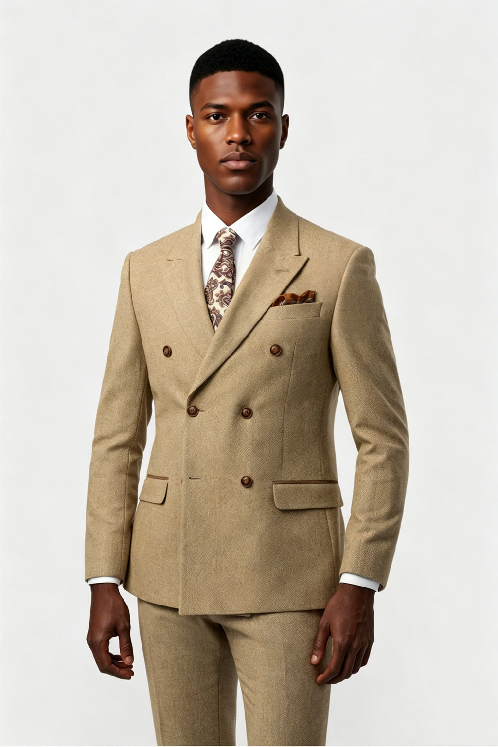 Chic Light Brown Double Breasted Peaked Lapel Men Suits