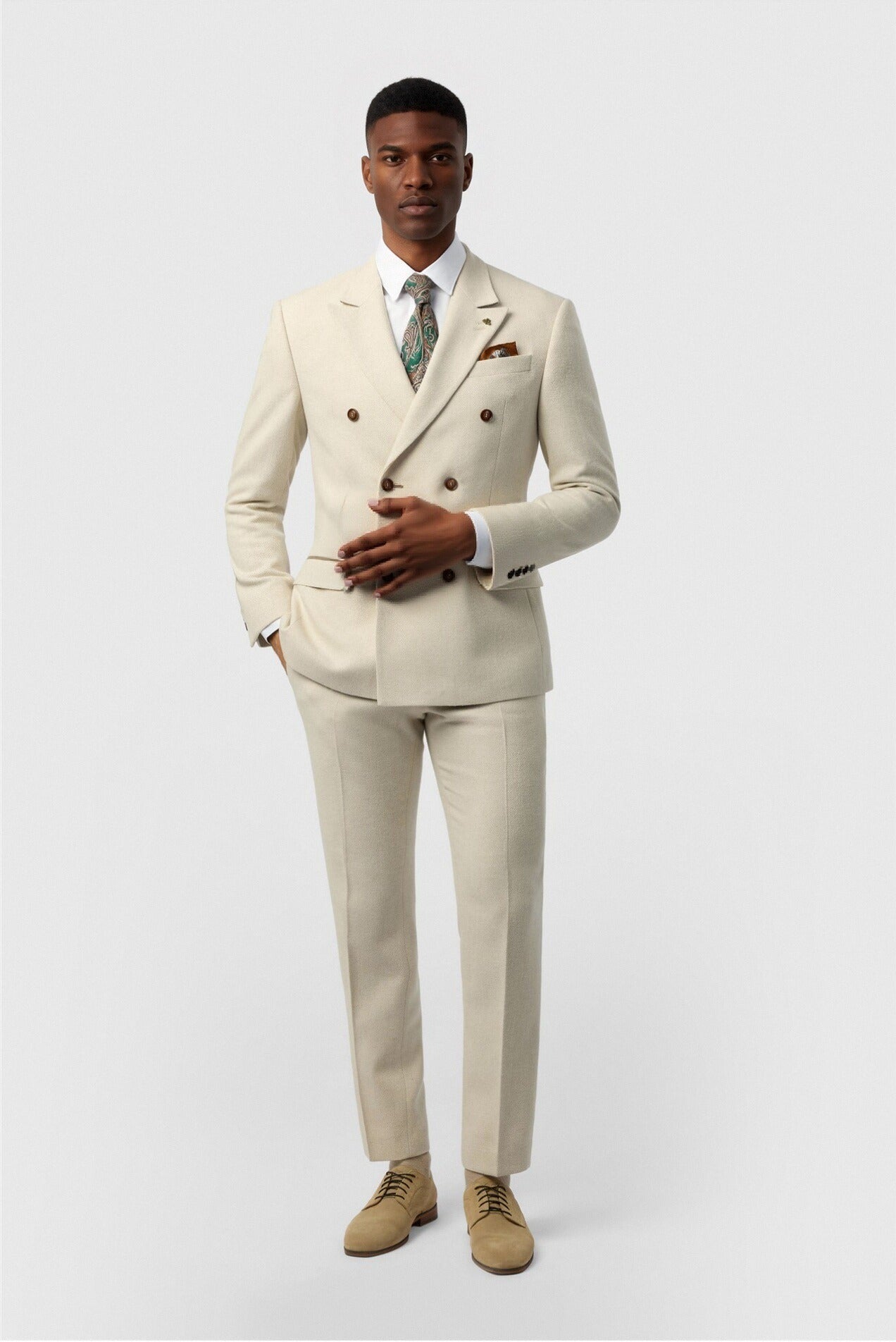 Modern Ecru Double Breasted Peaked Lapel Suits For Men Secondary image