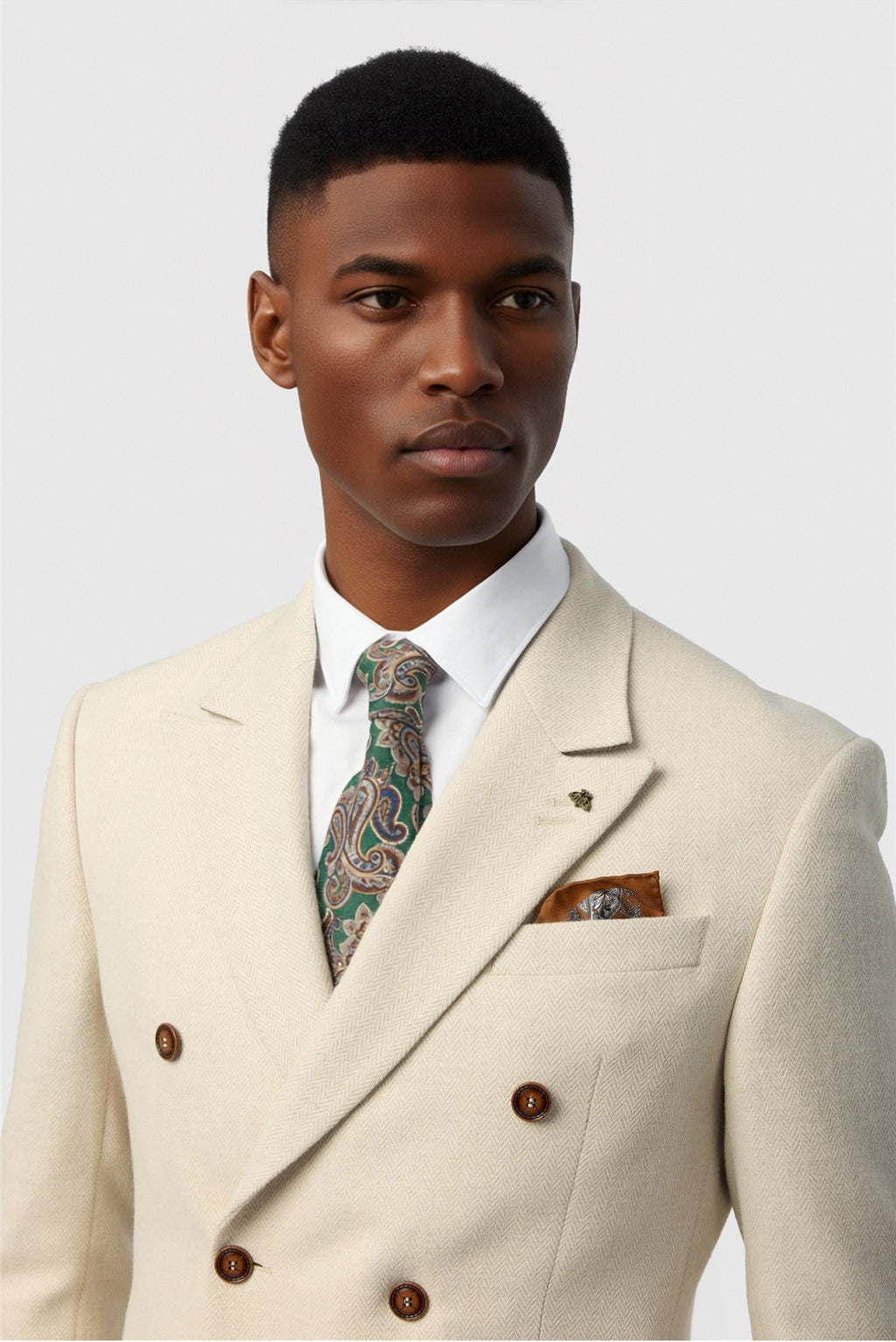 Modern Ecru Double Breasted Peaked Lapel Suits For Men