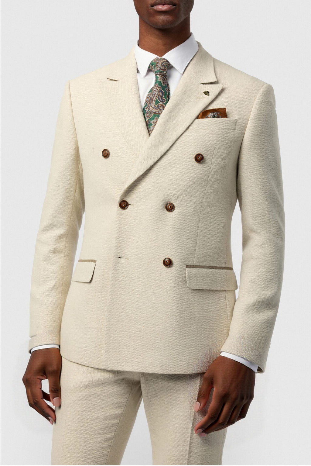 Modern Ecru Double Breasted Peaked Lapel Suits For Men