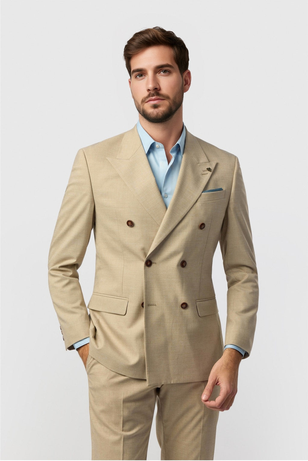 Best Fitted Khaki Peaked Lapel Double Breasted Men Suits