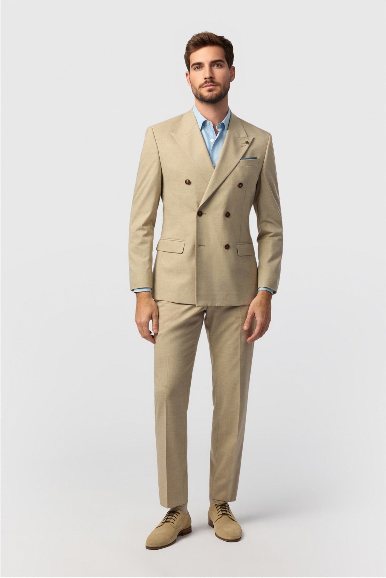 Best Fitted Khaki Peaked Lapel Double Breasted Men Suits
