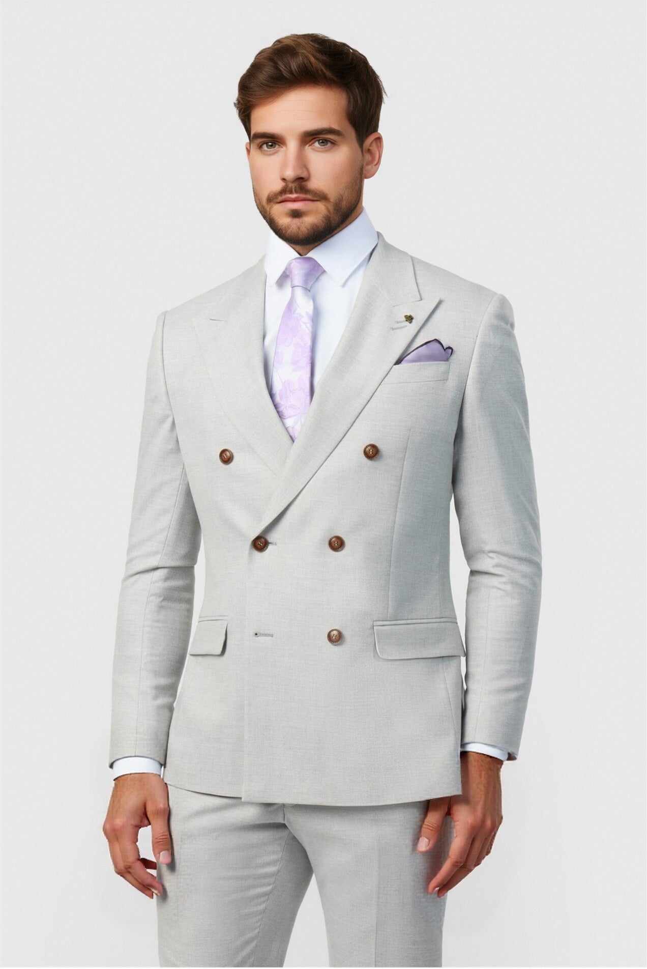 Fancy Light Gray Peaked Lapel Double Breasted Men Suits