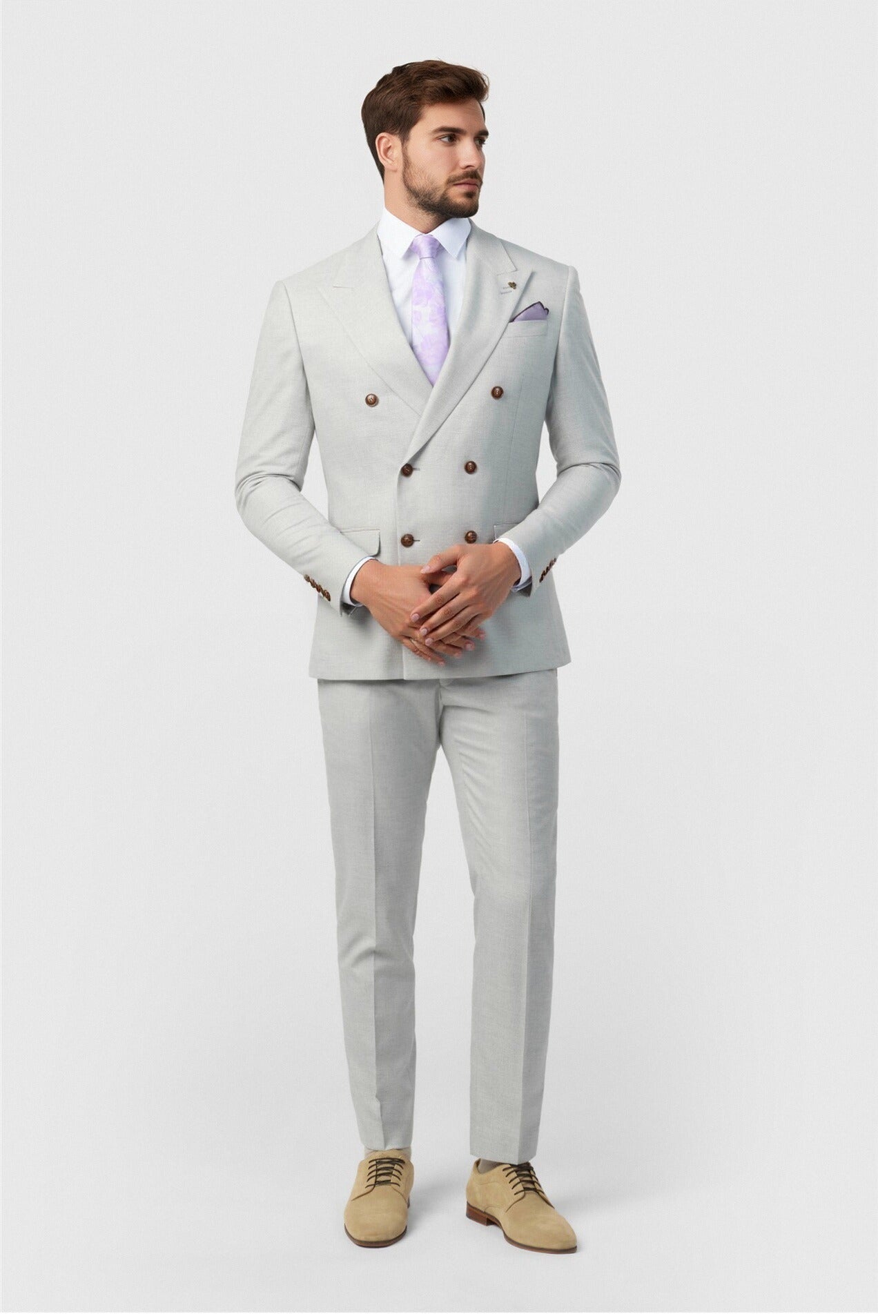 Fancy Light Gray Peaked Lapel Double Breasted Men Suits Secondary image