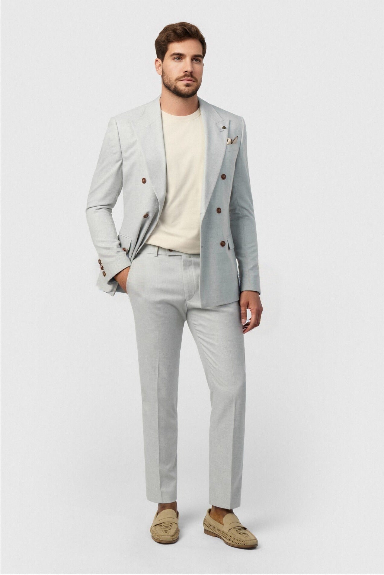 Fancy Light Gray Peaked Lapel Double Breasted Men Suits