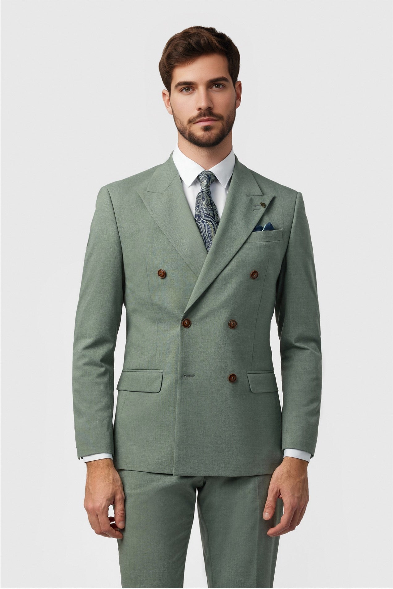 Charming Sage Green Peaked Lapel Double Breasted Men Suits Main image