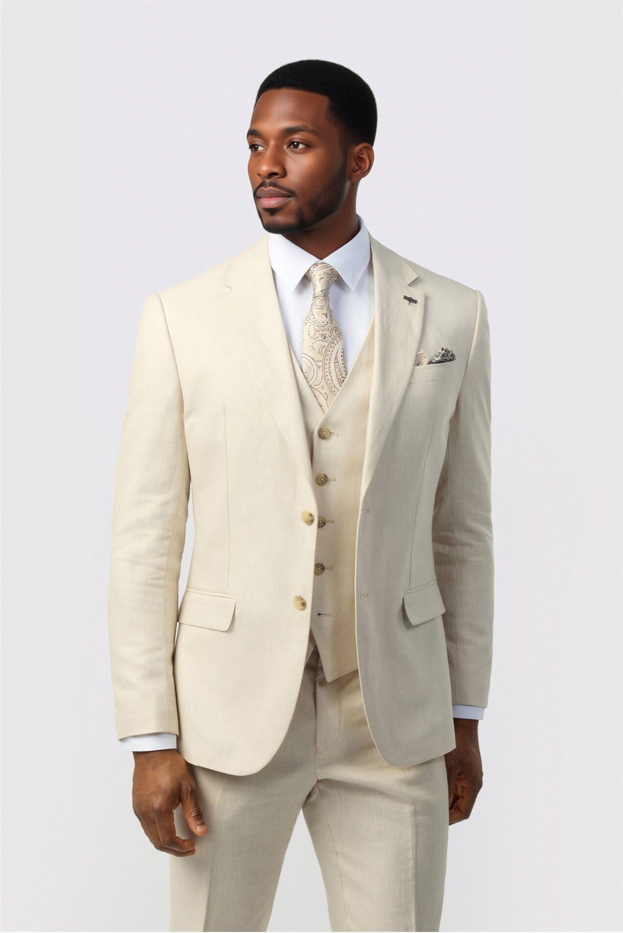 Latest Ecru 3 Pieces Notched Lapel Suits For Men